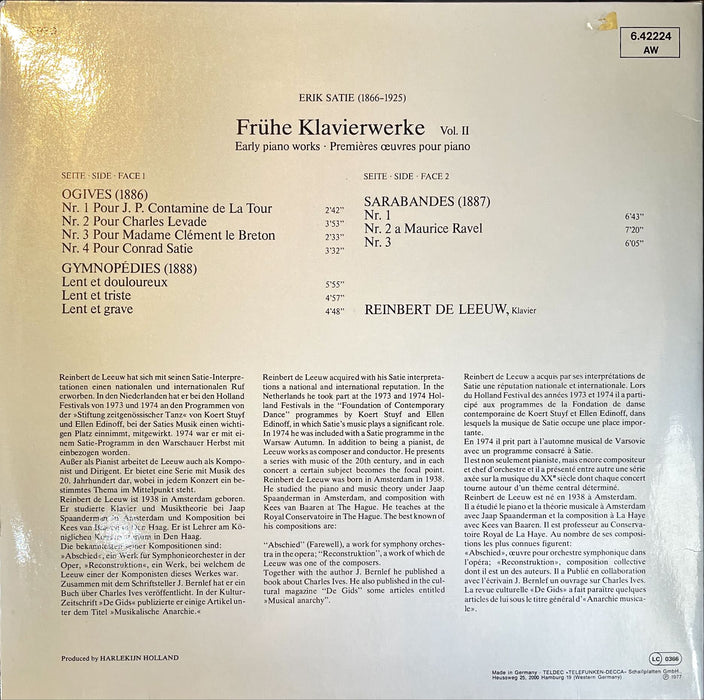 Erik Satie, Reinbert de Leeuw - Satie: Frühe Klavierwerke Vol. II (Vinyl LP)[Gatefold]