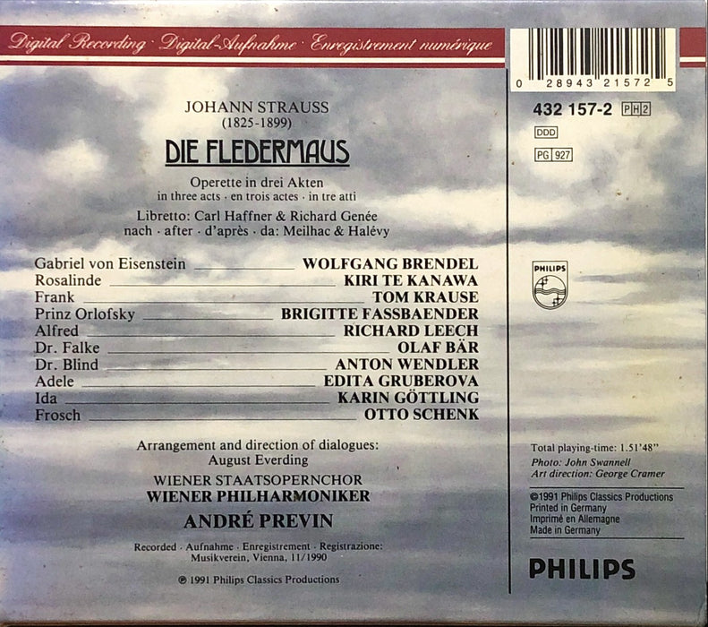Johann Strauss - Te Kanawa • Gruberova • Fassbaender • Brendel • Leech • Bär • Krause • Wiener Philharmoniker • André Previn - Die Fledermaus (2CD Boxset)(DDD)