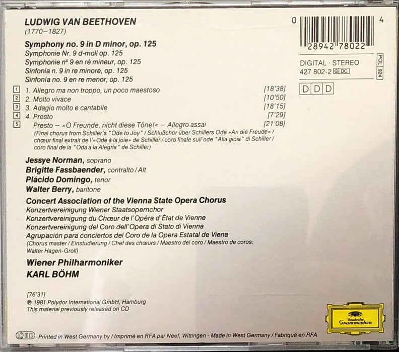 Beethoven - Jessye Norman • Brigitte Fassbaender • Plácido Domingo • Walter Berry • Wiener Philharmoniker • Karl Böhm - Symphony No. 9 In D Minor, Op. 125 (CD)(DDD)