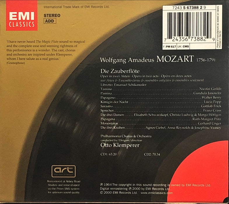 Mozart - Gedda • Janowitz • Berry • Unger • Popp • Frick • Schwarzkopf • Ludwig • Pütz • Höffgen • Crass • Philharmonia Chorus & Orchestra • Otto Klemperer - Die Zauberflöte (2CD Boxset)(ADD)