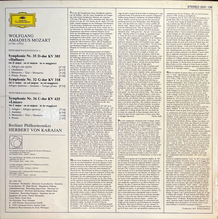 Wolfgang Amadeus Mozart • Berliner Philharmoniker • Herbert von Karajan - Symphonien No. 32, No. 35 "Haffner" / No. 36 "Linzer" (Vinyl LP)